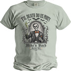 Skeleton in a suit holding a drink, "Til Death Do Us Party Mike's Bach Salem, MA October 2026".