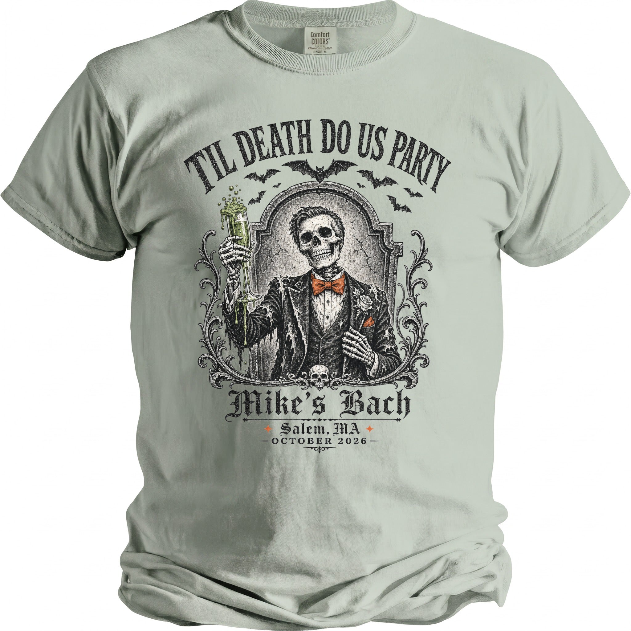 Skeleton in a suit holding a drink, "Til Death Do Us Party Mike's Bach Salem, MA October 2026".