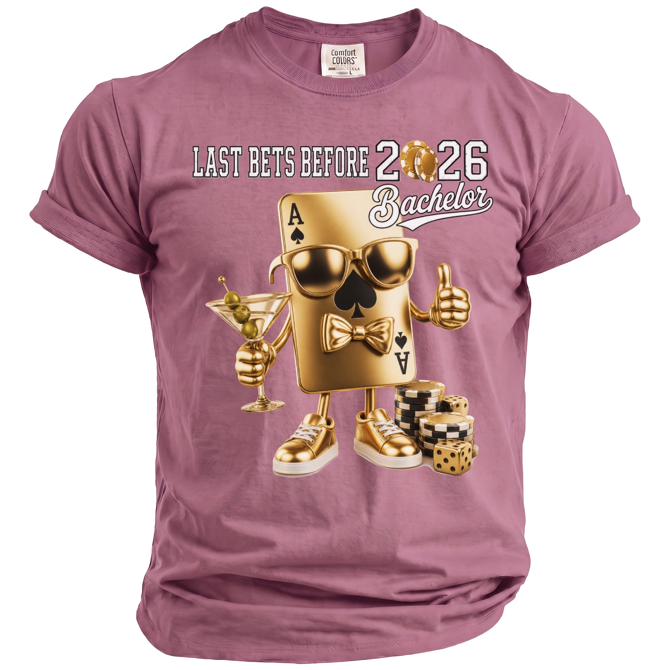 T-shirt with "Last Bets Before Bachelor 2026" and a gold ace of spades character.