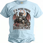 Light blue t-shirt with a dragon graphic and "Fire Before Forever Bachelor Party" text.