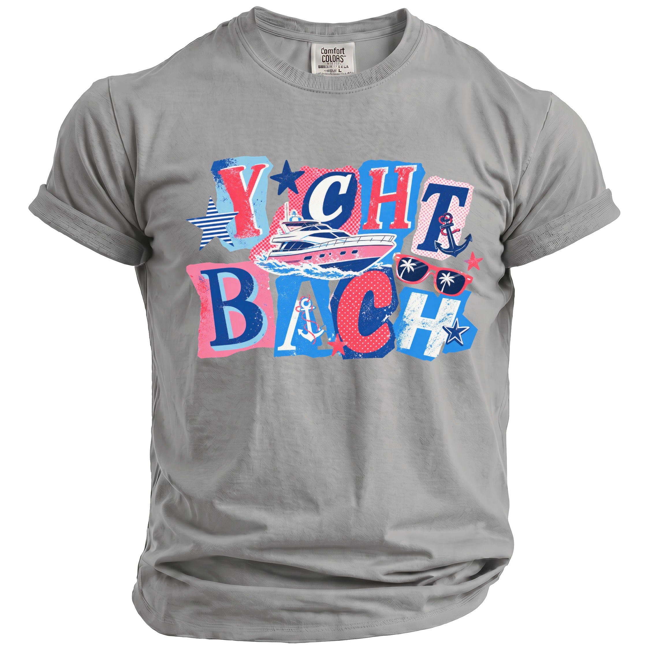 A grey t-shirt featuring a colorful graphic with the text Yacht Bach and nautical imagery.