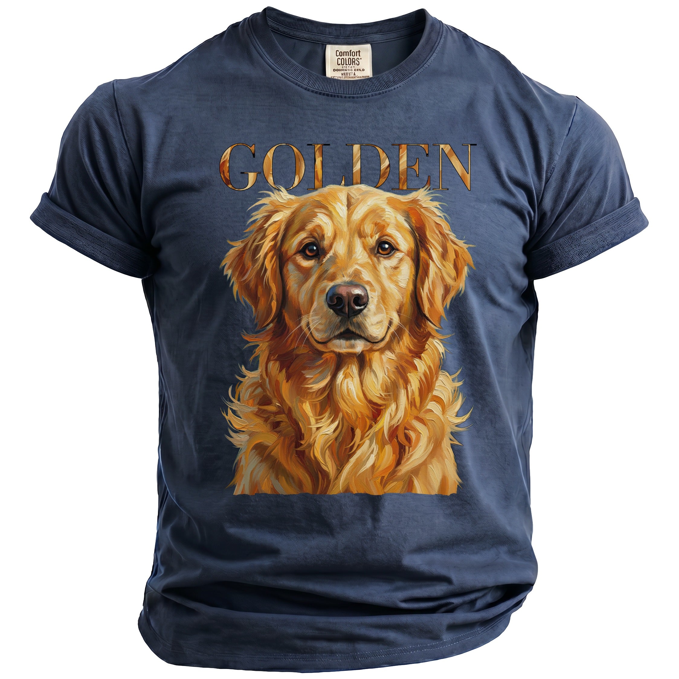 Dark blue t-shirt with golden retriever portrait and "GOLDEN" text.