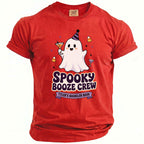 Red t-shirt with a ghost wearing a party hat and holding a drink, text reads "Spooky Booze Crew Tyler's Bachelor Bash".