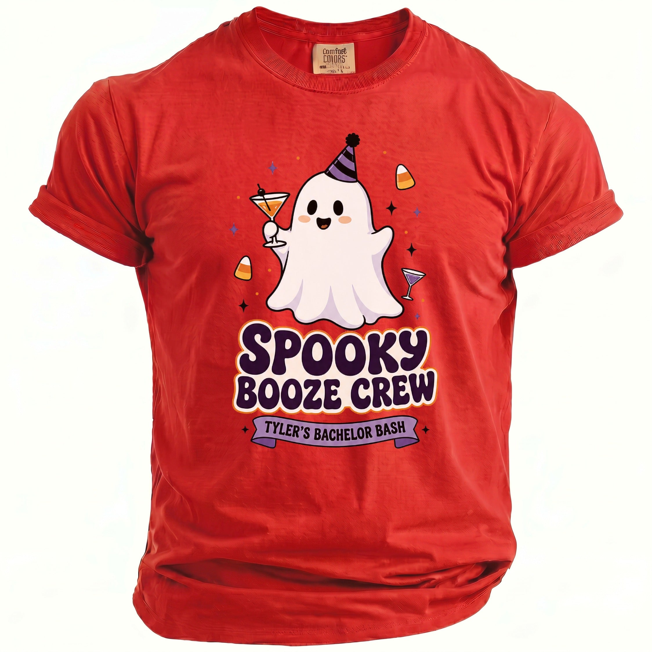 Red t-shirt with a ghost wearing a party hat and holding a drink, text reads "Spooky Booze Crew Tyler's Bachelor Bash".