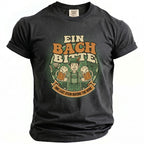 T-shirt with graphic featuring man holding beer mugs, text "EIN BACH BITTE" and "ONE LAST STEIN BEFORE THE RING".