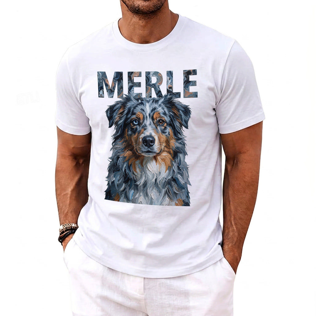 White t-shirt with a portrait of a merle dog and the word "MERLE" above.