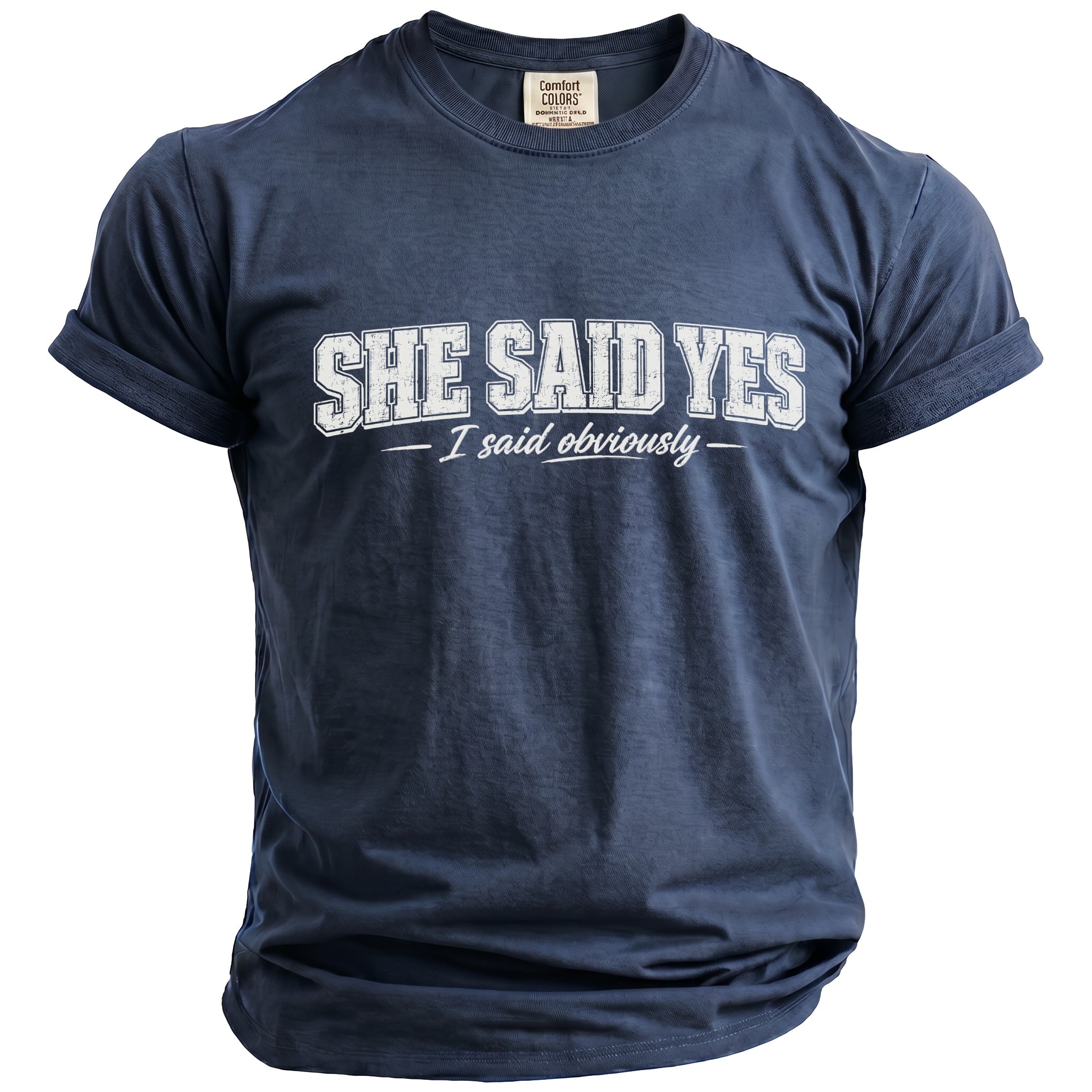 Navy t-shirt with "SHE SAID YES - I said obviously" graphic.
