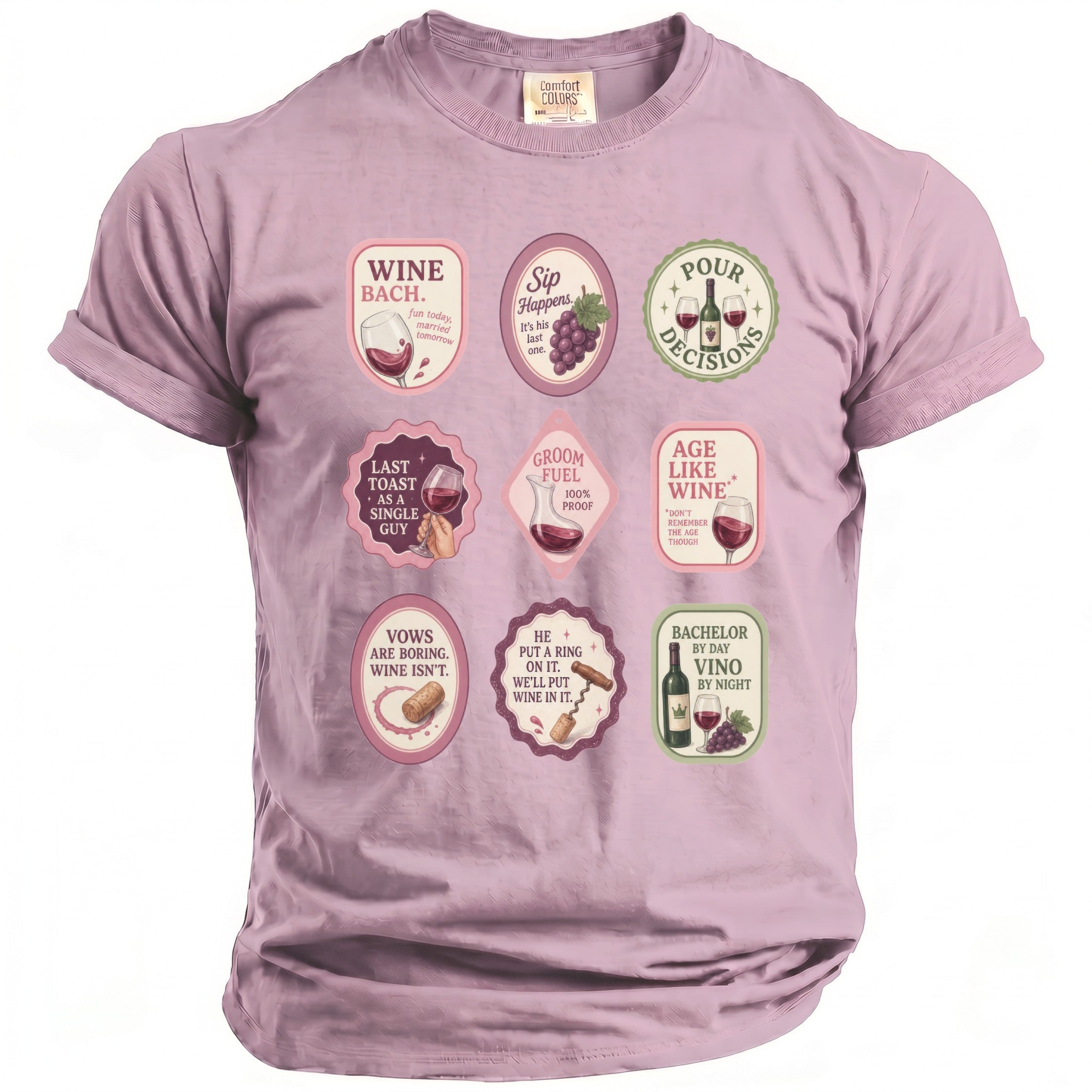 Purple t-shirt with nine wine-themed graphic badges.