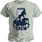 Light gray t-shirt with navy graphic of a howling wolf above "GROOM" and "CREW" text.