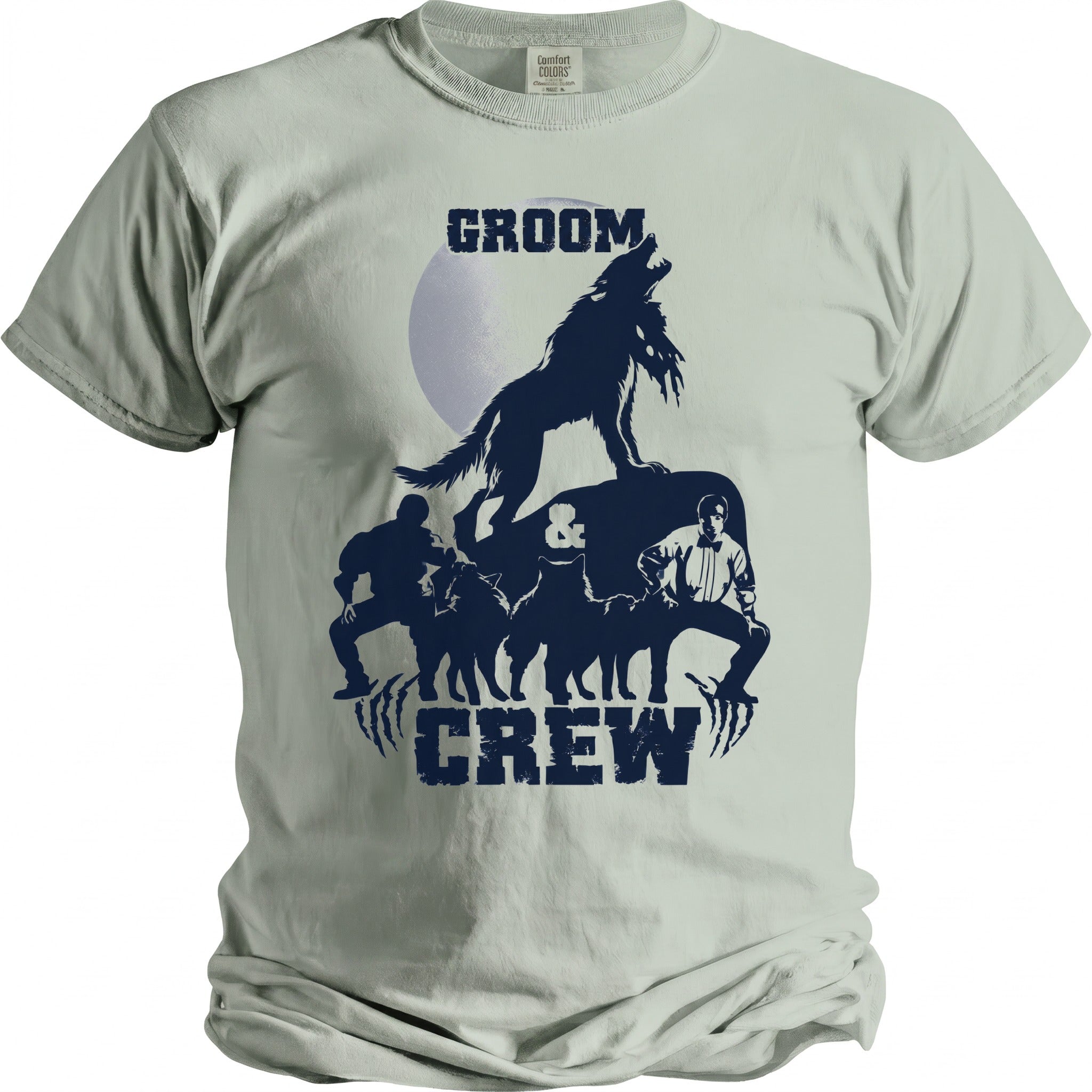 Light gray t-shirt with navy graphic of a howling wolf above "GROOM" and "CREW" text.