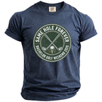 Navy t-shirt with "Same Hole Forever Bachelor Golf Weekend 2026" graphic.