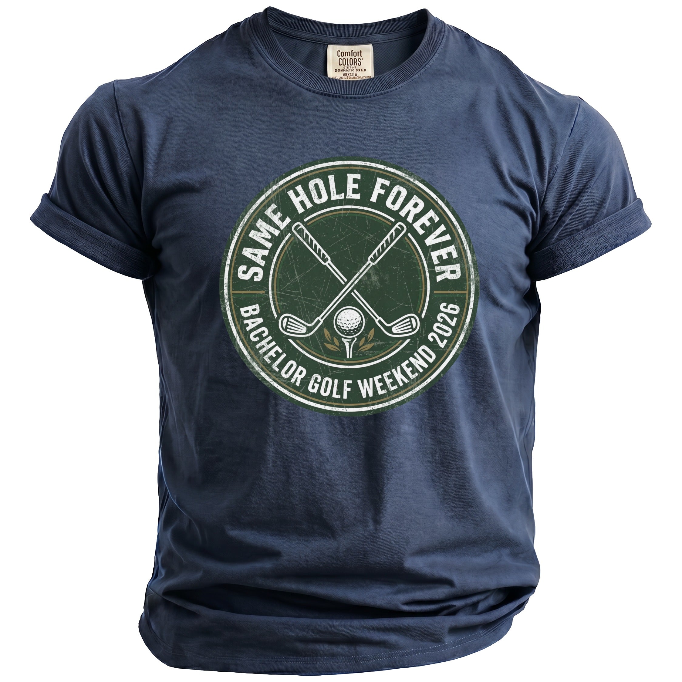 Navy t-shirt with "Same Hole Forever Bachelor Golf Weekend 2026" graphic.