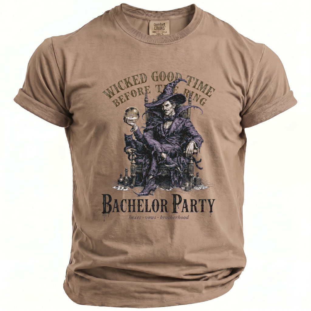 T-shirt with a witch graphic reading "Wicked Good Time Before The Ring" and "Bachelor Party".