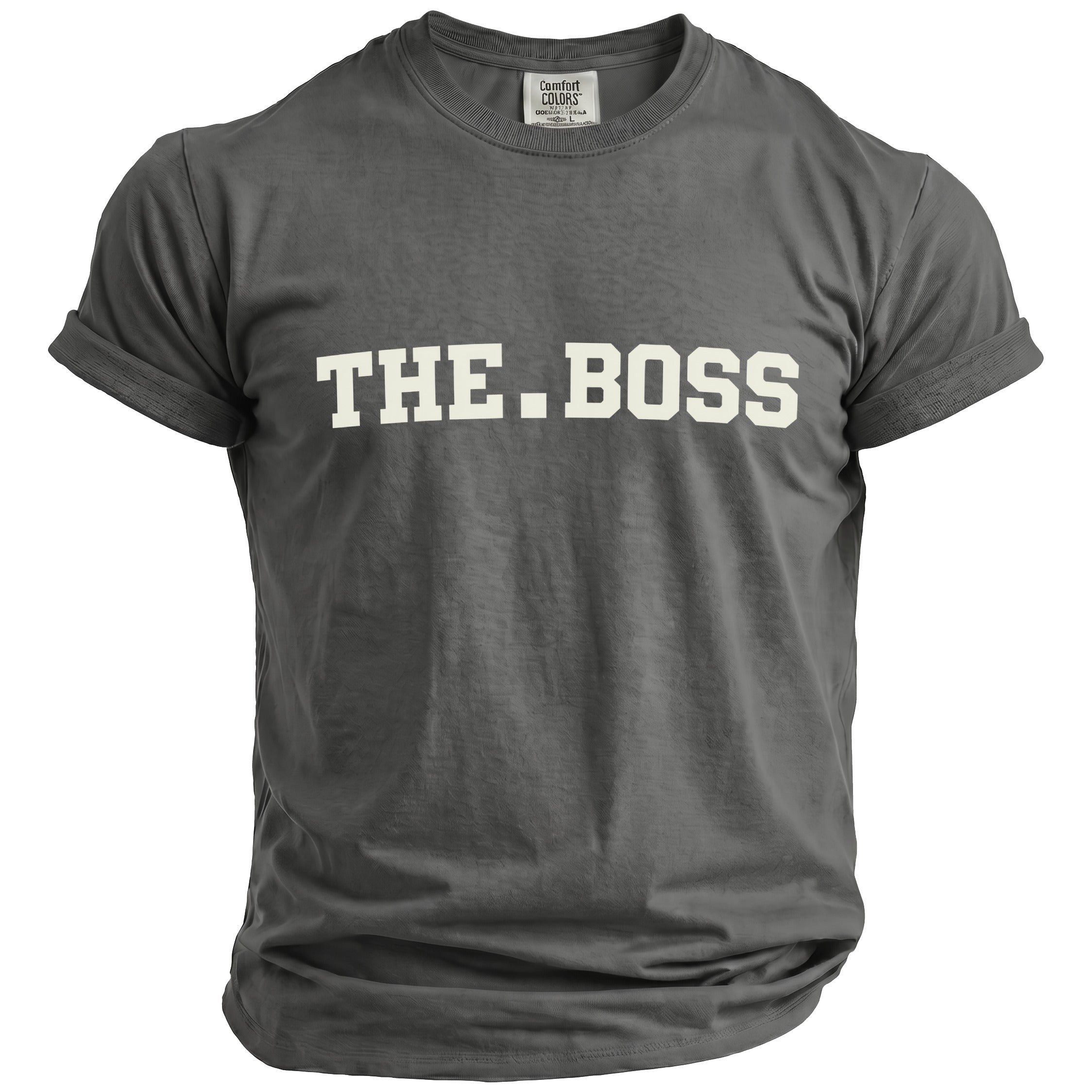 Grey t-shirt with "THE.BOSS" text in cream collegiate font.