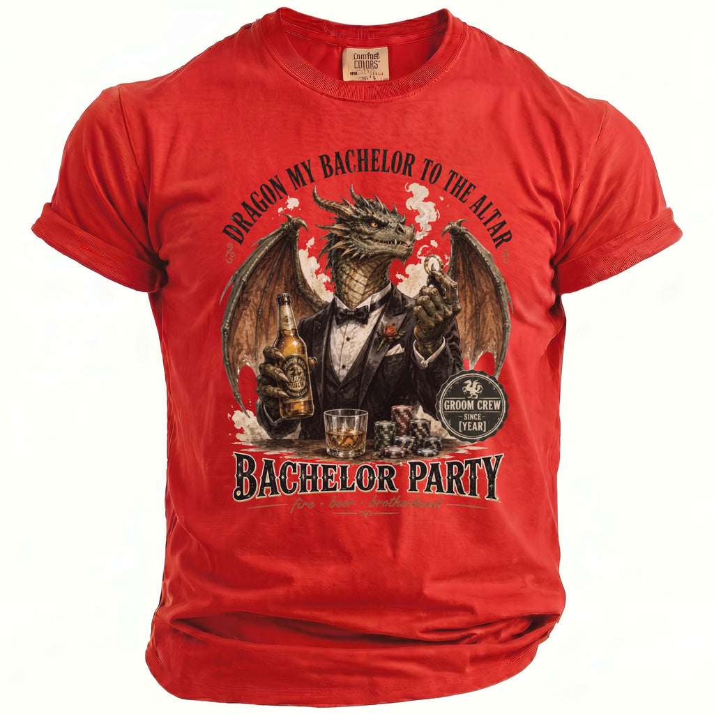 Red t-shirt with dragon dressed as a groom, beer, and poker chips.