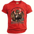 Red t-shirt with dragon dressed as a groom, beer, and poker chips.