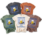 Five t-shirts in various colors feature "Under New Management" graphic with beer, cigar, and bow tie.