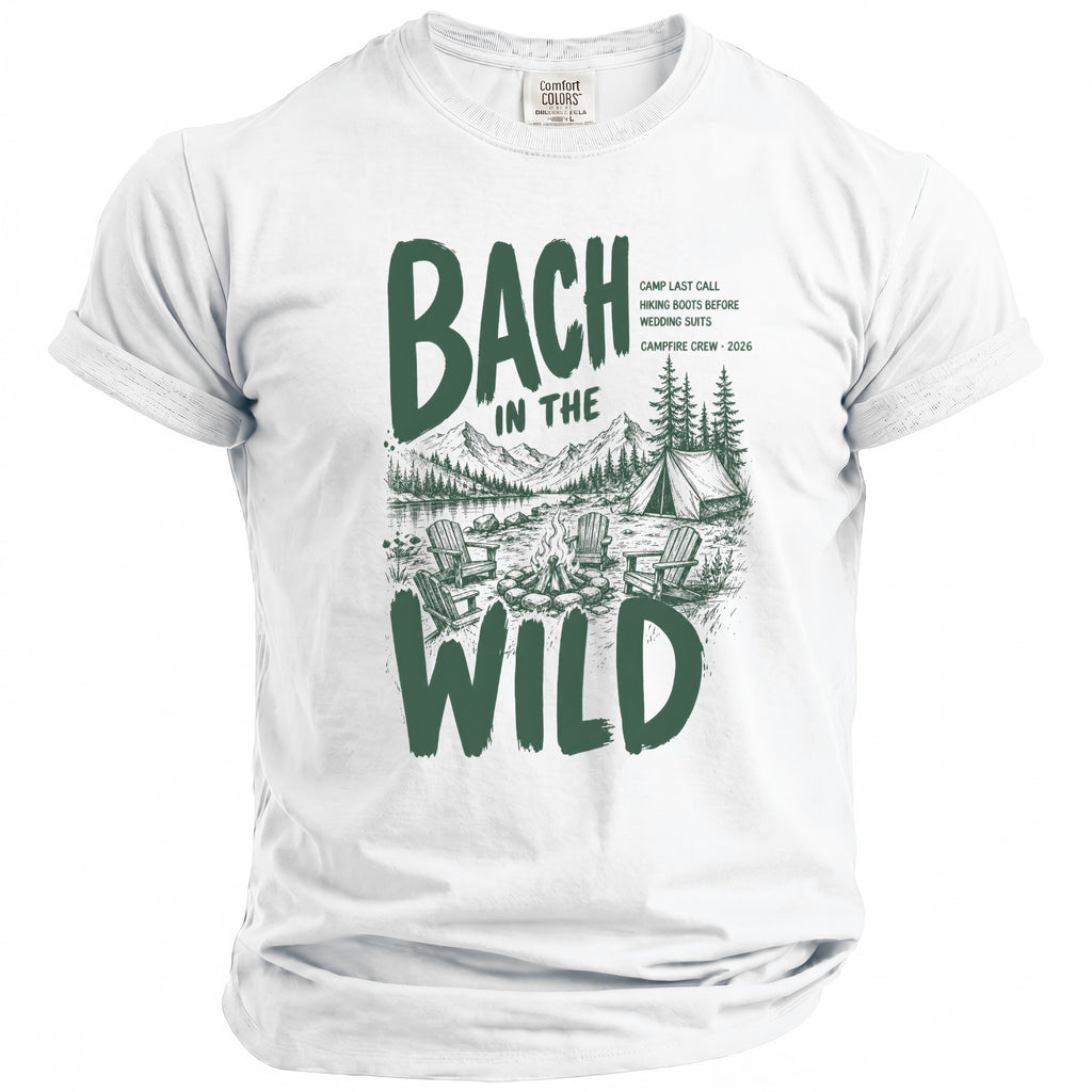 White t-shirt with green text and camping graphic: "Bach in the Wild".