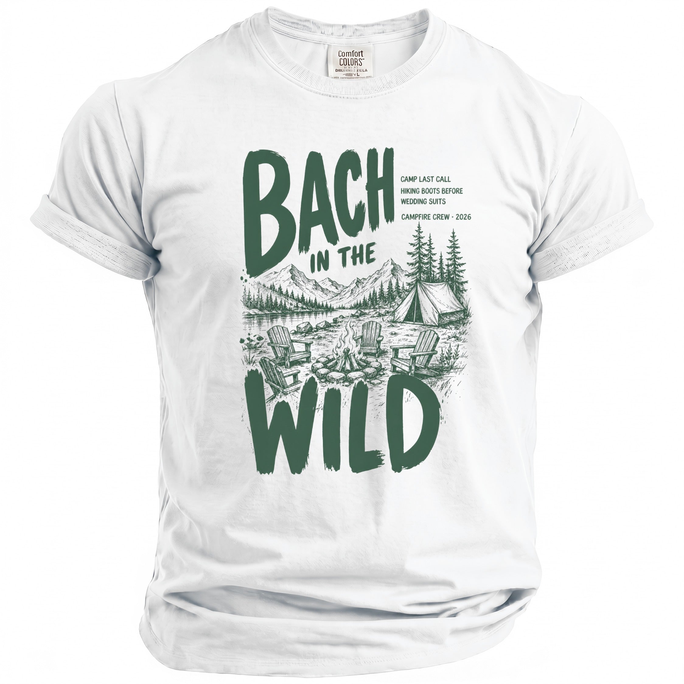 White t-shirt with green text and camping graphic: "Bach in the Wild".