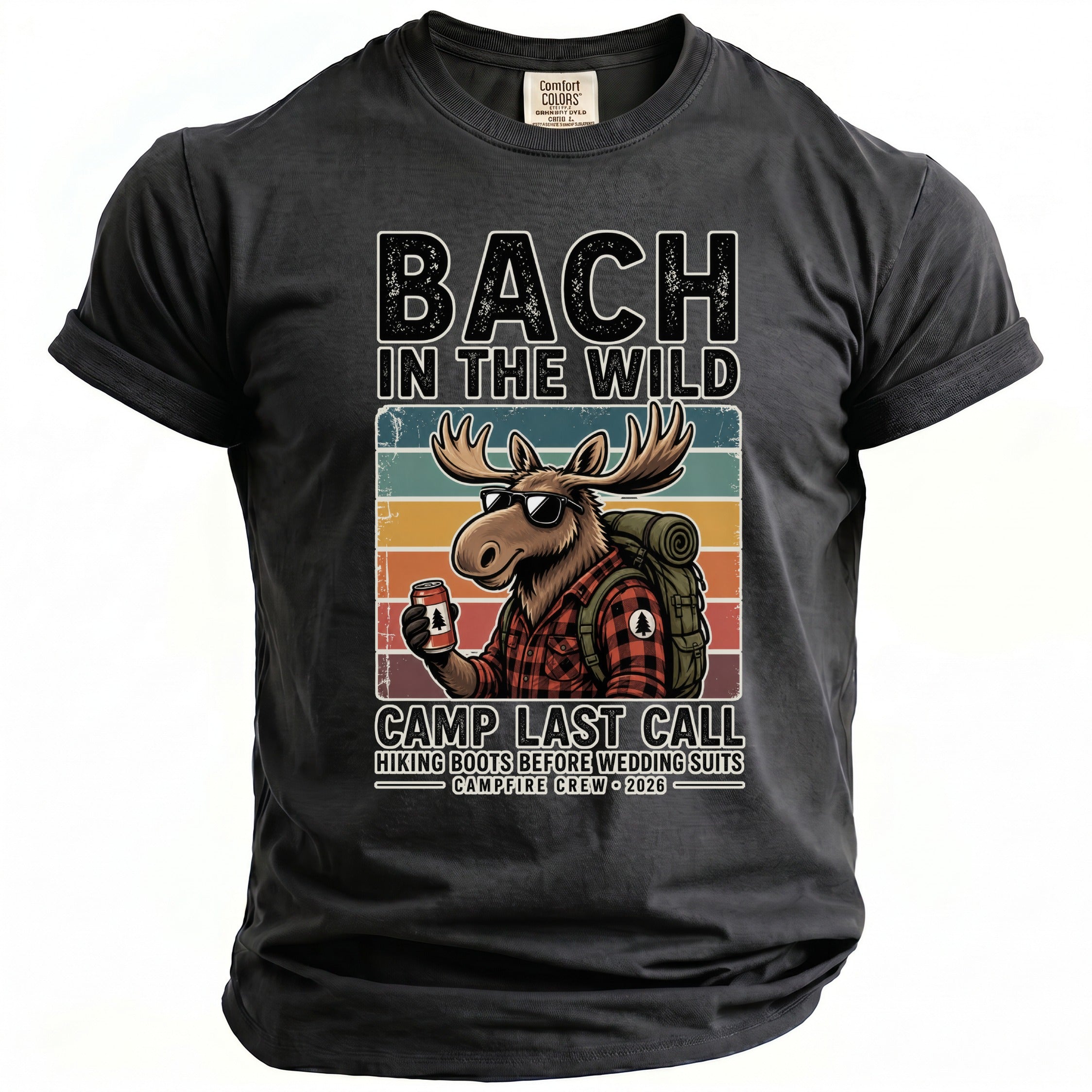 Black t-shirt with "BACH IN THE WILD" and a moose graphic.