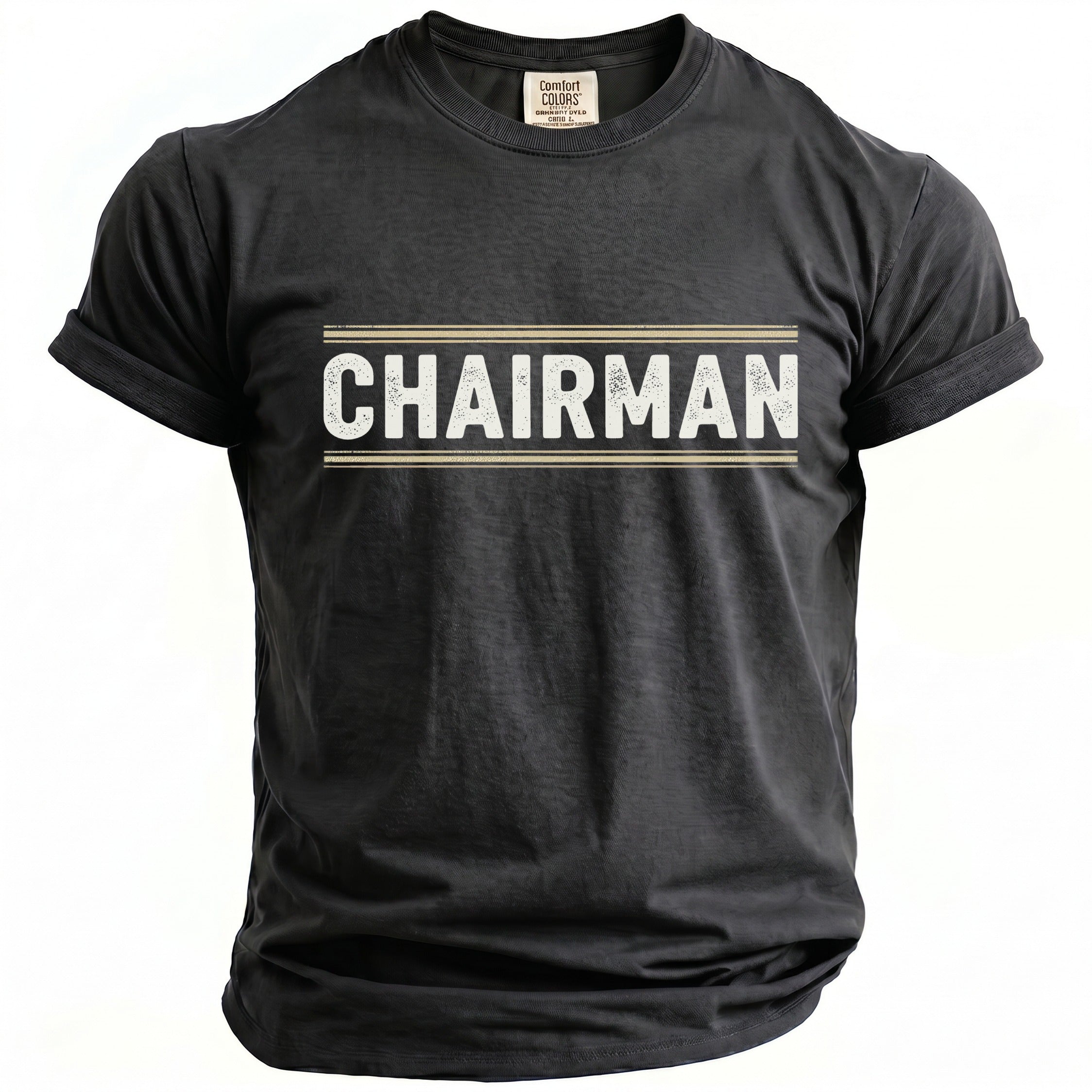Black t-shirt with "CHAIRMAN" text and horizontal stripes.