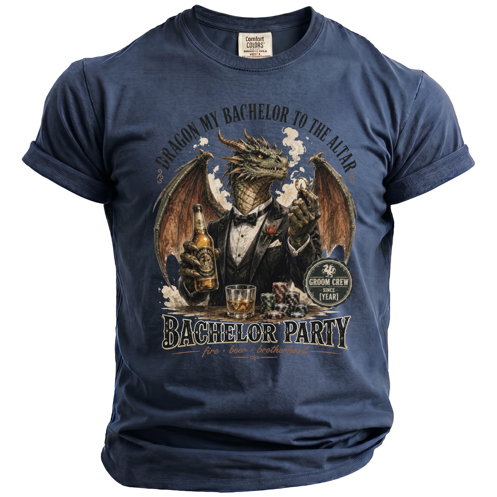 T-shirt with a dragon in a suit holding a beer and poker chips.