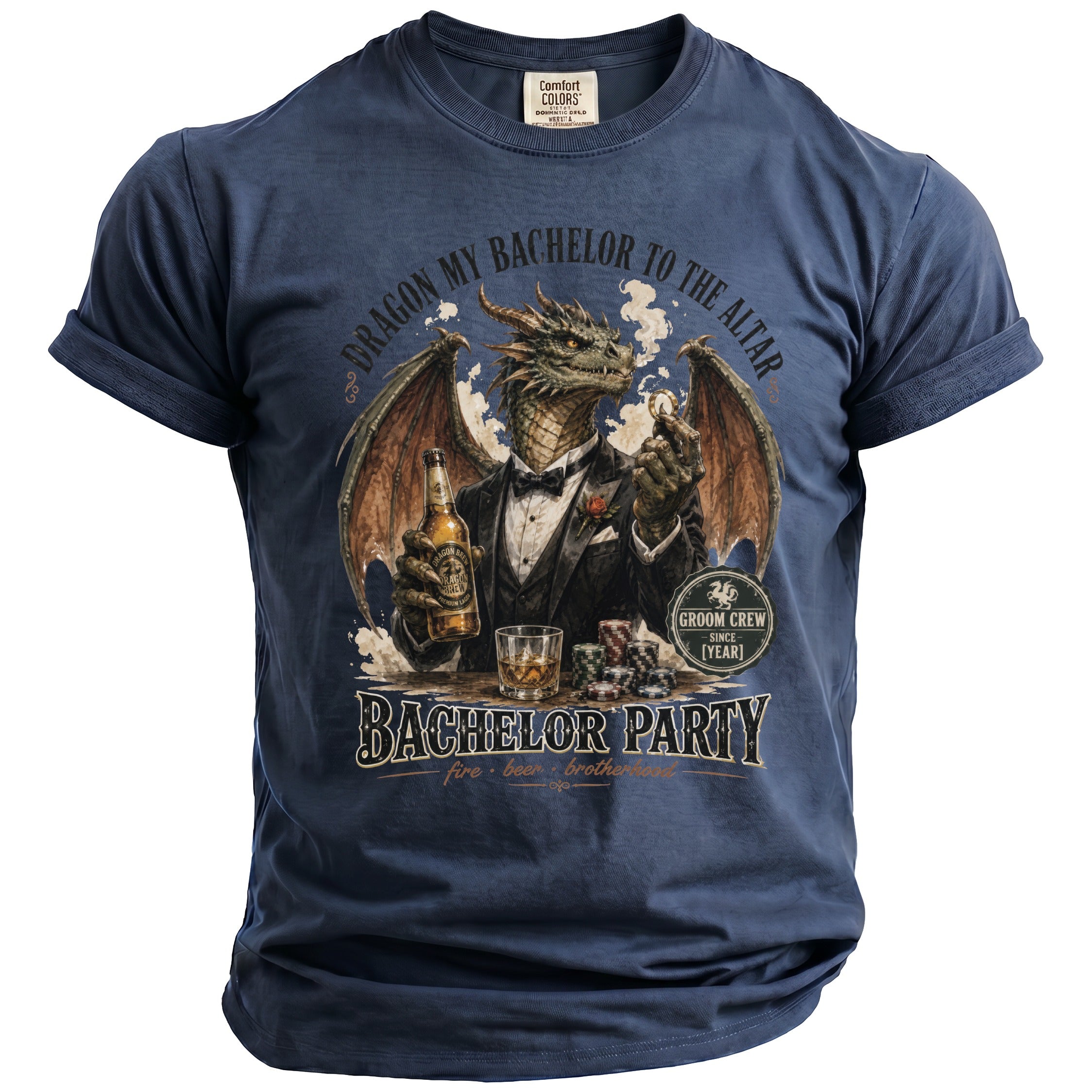 T-shirt with a dragon in a suit holding a beer and poker chips.