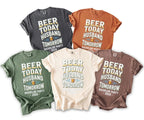 Five bachelor party t-shirts in charcoal, rust, sage, cream, and brown, all with "Beer Today Husband Tomorrow" text.