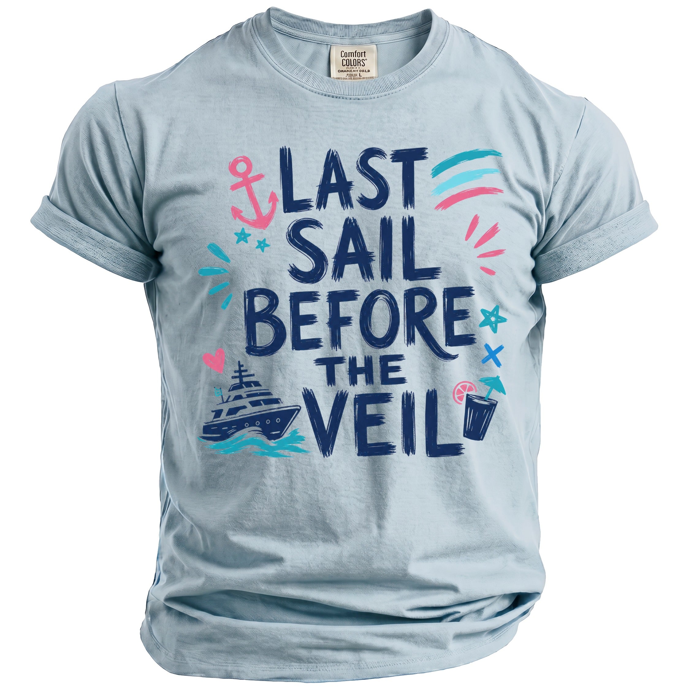 Light blue t-shirt with "Last Sail Before The Veil" text and nautical graphics.