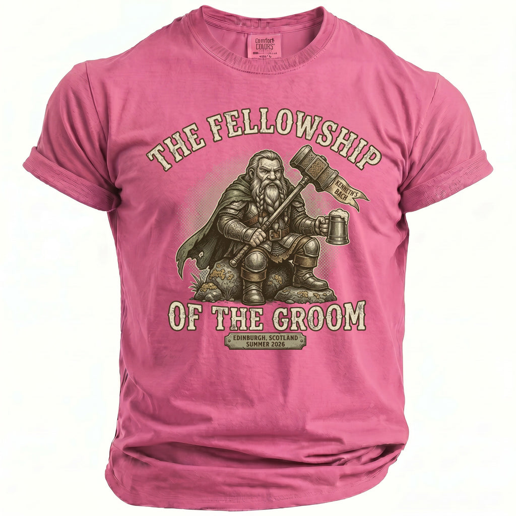 Pink t-shirt with "The Fellowship Of The Groom" graphic featuring a dwarf.