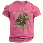 Pink t-shirt with "The Fellowship Of The Groom" graphic featuring a dwarf.