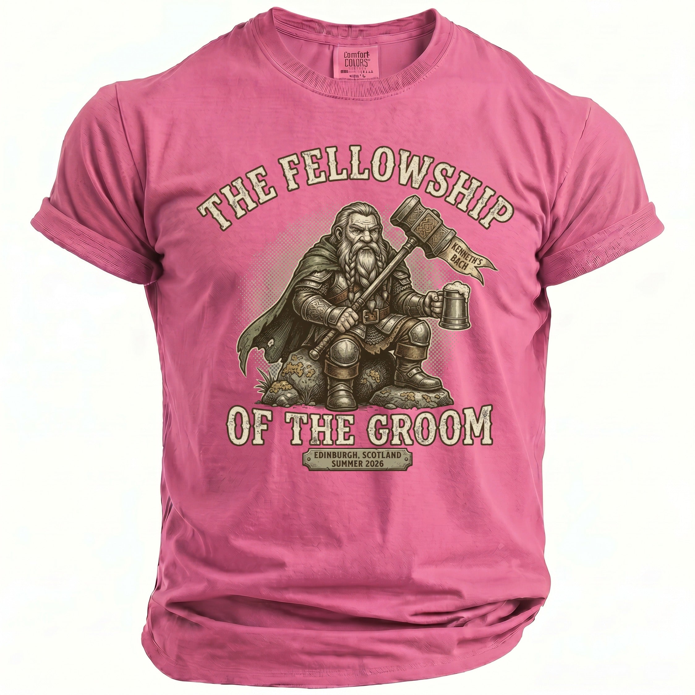Pink t-shirt with "The Fellowship Of The Groom" graphic featuring a dwarf.