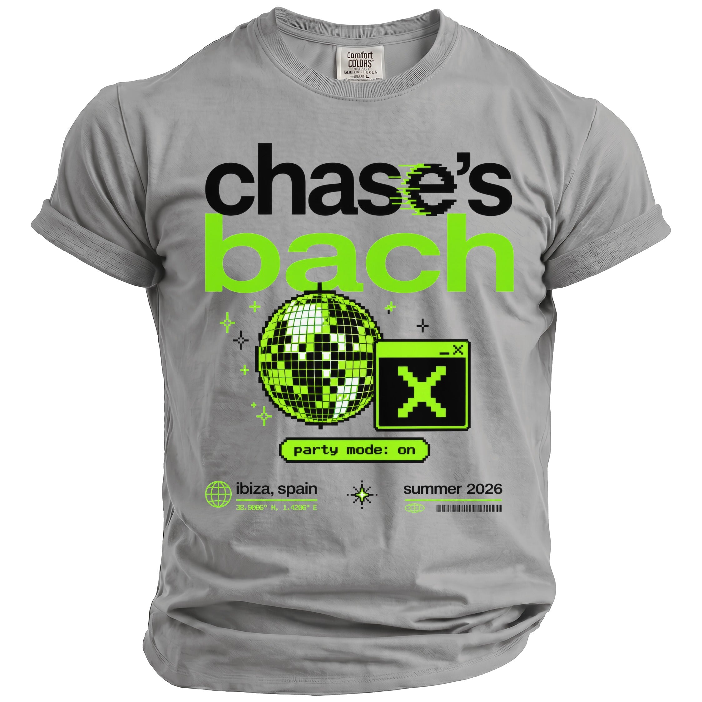 Chase's Bach graphic with disco ball, window, Ibiza text, and Summer 2026.