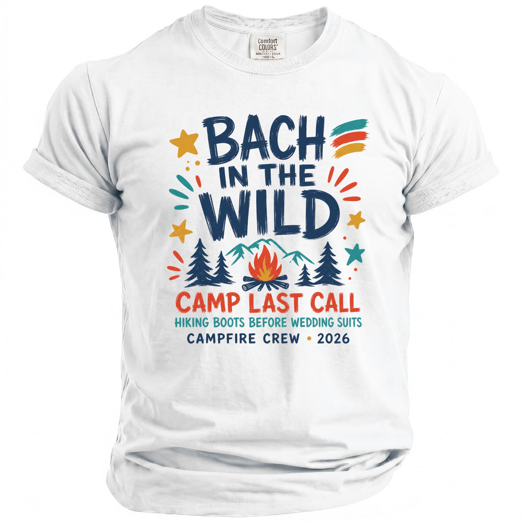 White t-shirt with "Bach In The Wild" text and camping graphic.