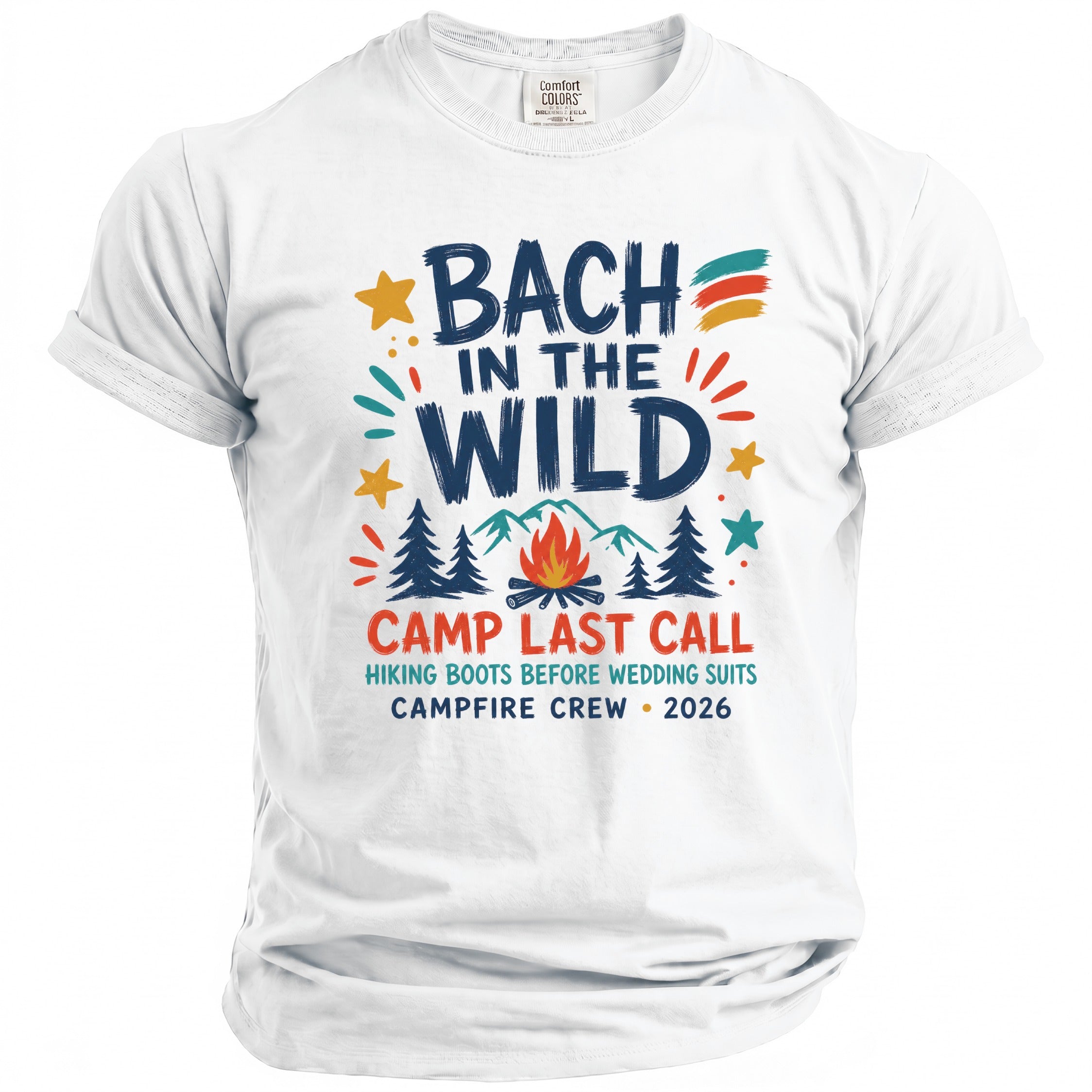 White t-shirt with "Bach In The Wild" text and camping graphic.