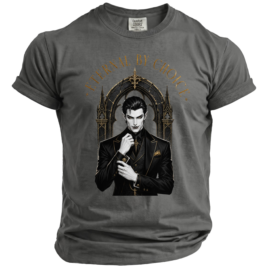 Gray crewneck t-shirt with a gothic vampire design and gold text "ETERNAL BY CHOICE".