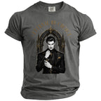 Gray crewneck t-shirt with a gothic vampire design and gold text "ETERNAL BY CHOICE".