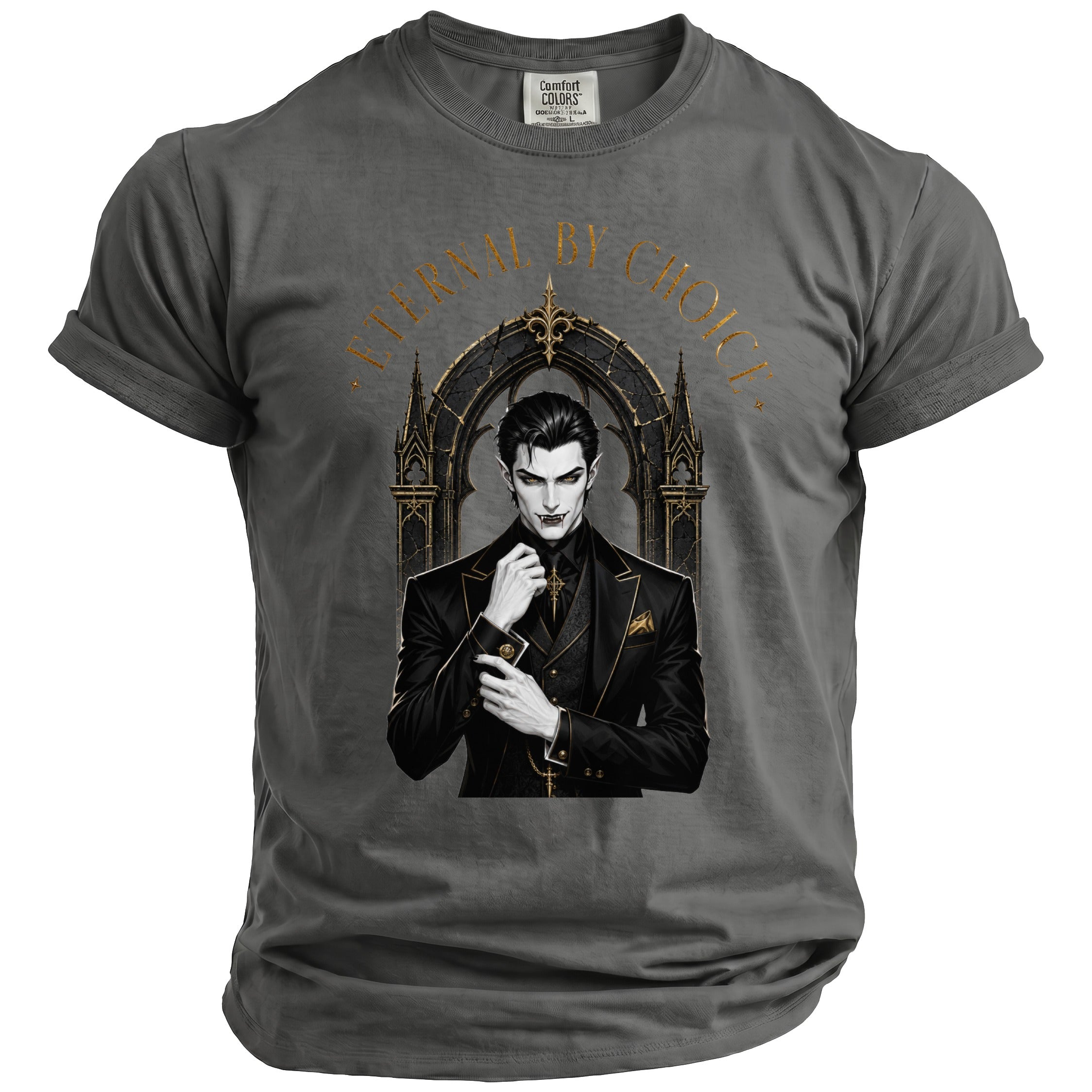 Gray crewneck t-shirt with a gothic vampire design and gold text "ETERNAL BY CHOICE".