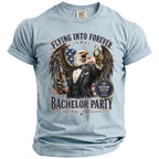 Light blue t-shirt with eagle, American flag, beer, and "Bachelor Party" text.
