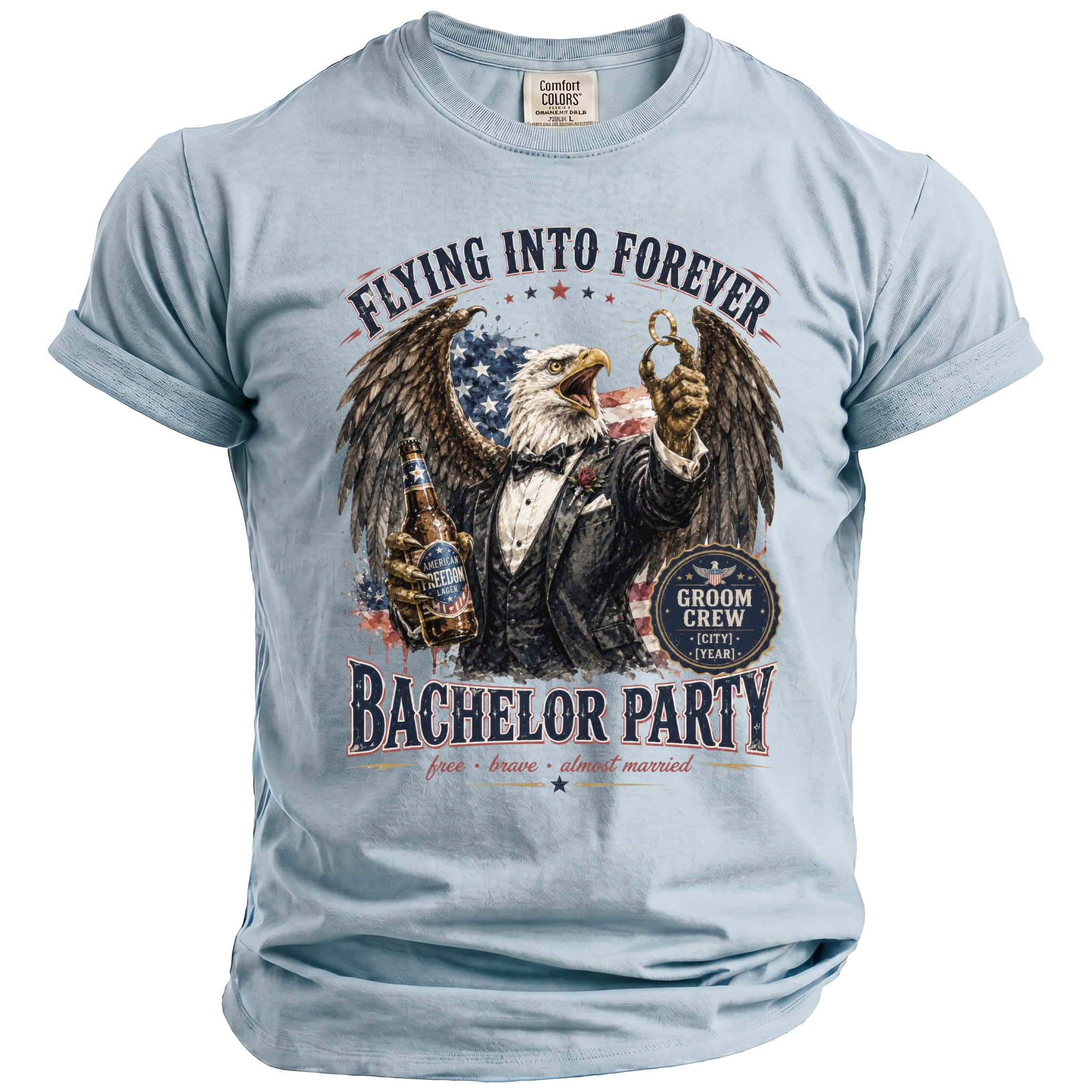 Light blue t-shirt with eagle, American flag, beer, and "Bachelor Party" text.