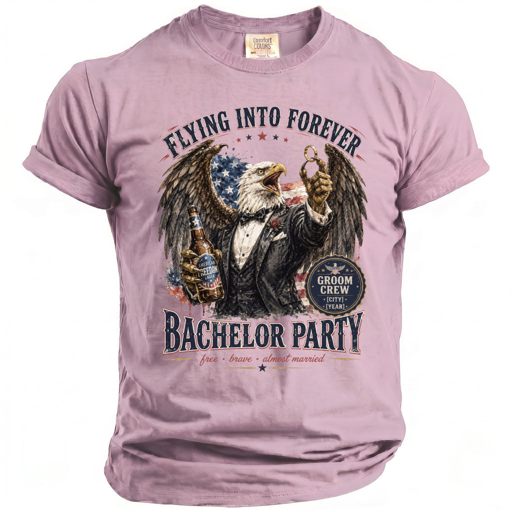 Eagle in tuxedo holding beer and ring, "Flying Into Forever Bachelor Party" text.