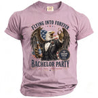 Eagle in tuxedo holding beer and ring, "Flying Into Forever Bachelor Party" text.
