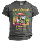 T-shirt graphic: Golf cart, golf clubs, palm trees, city skyline and text "Last Swing Before The Ring"