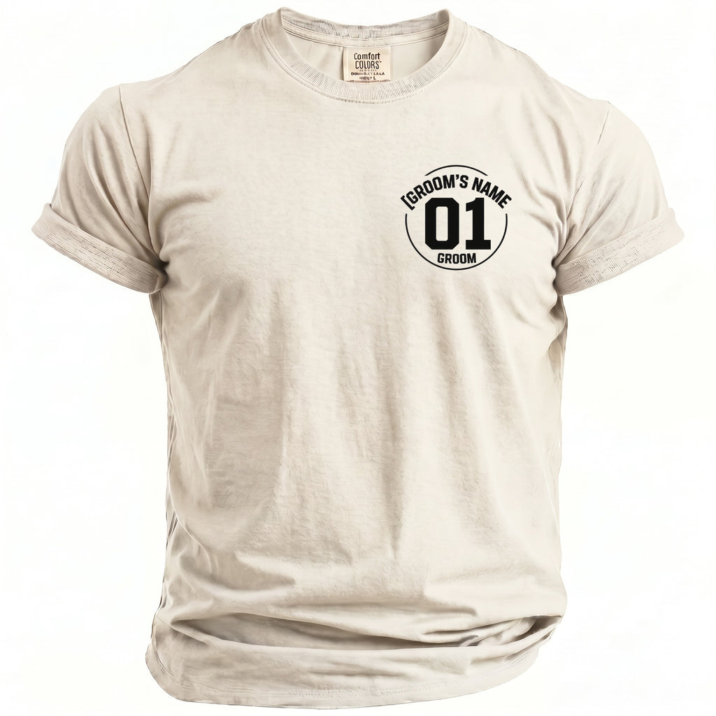 Cream t-shirt with "GROOM'S NAME 01 GROOM" printed on the left chest.
