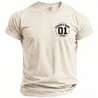 Cream t-shirt with "GROOM'S NAME 01 GROOM" printed on the left chest.