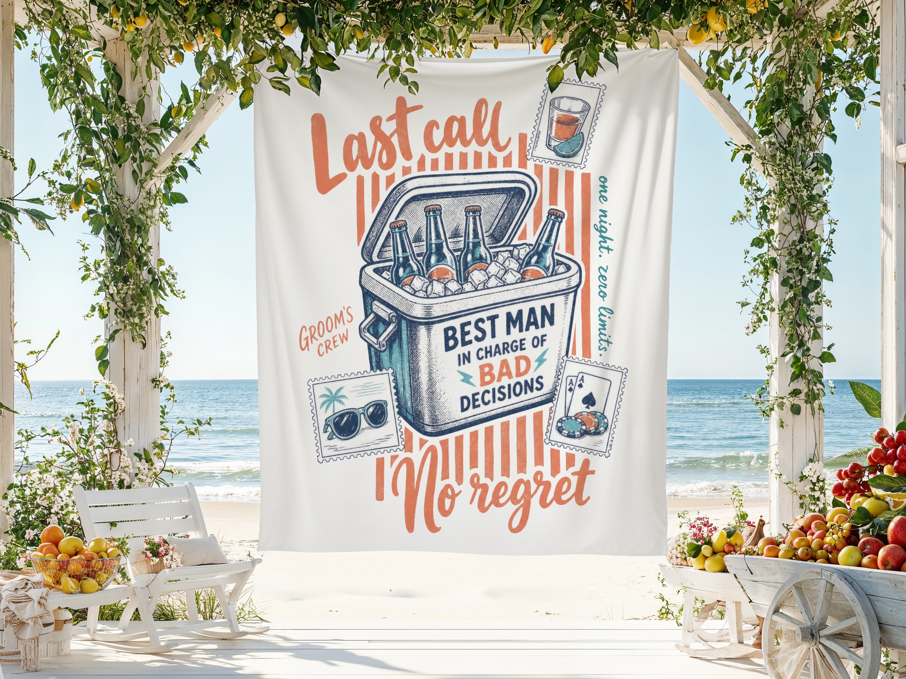 Tapestry with "Last call for the groom's crew: best man in charge of bad decisions."