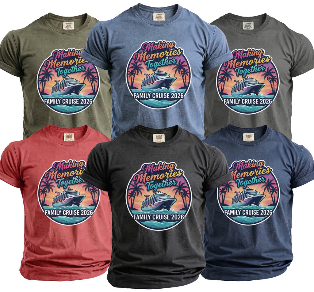 Family cruise 2026 t-shirts featuring a cruise ship and palm trees.