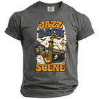 T-shirt with "Jazz Bach Scene" text, saxophone, amplifier, and cocktail.
