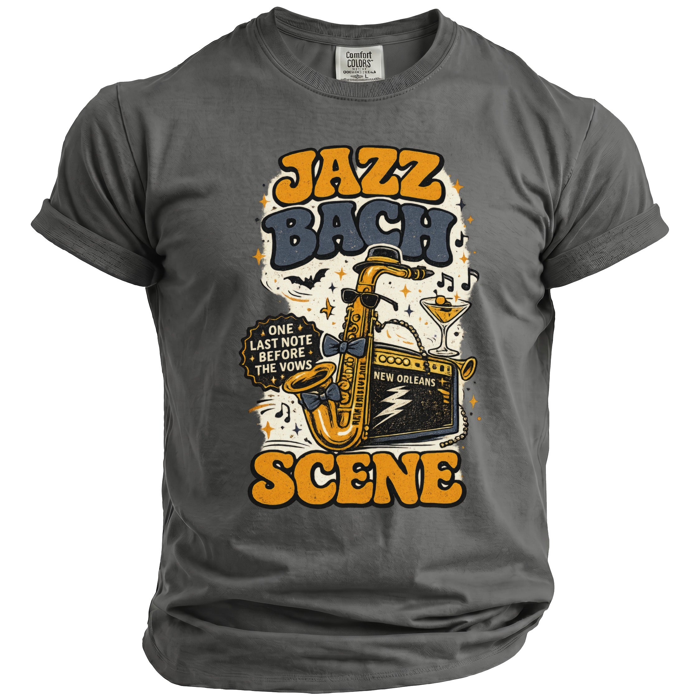 T-shirt with "Jazz Bach Scene" text, saxophone, amplifier, and cocktail.