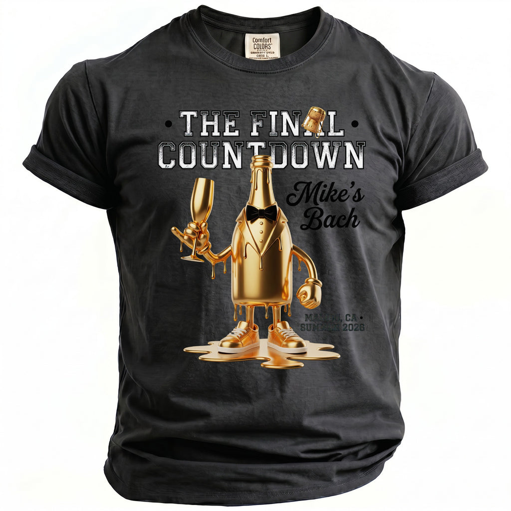Gray t-shirt with "The Final Countdown" and "Mike's Bach" with graphic of champagne bottle.